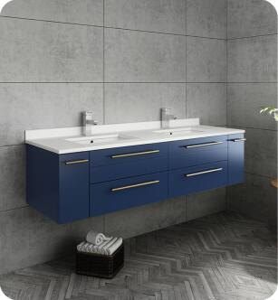 Fresca FCB6160RBL-UNS-D-U Lucera 60" Blue Wall Hung Modern Bathroom Cabinet with Top & Double Undermount Sinks