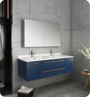 Fresca FCB6148RBL-UNS-D-U Lucera 48" Blue Wall Hung Modern Bathroom Cabinet with Top & Double Undermount Sinks