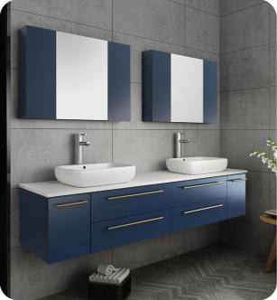 Fresca FVN6172RBL-VSL-D Lucera 72" Blue Wall Hung Double Vessel Sink Modern Bathroom Vanity with Medicine Cabinets