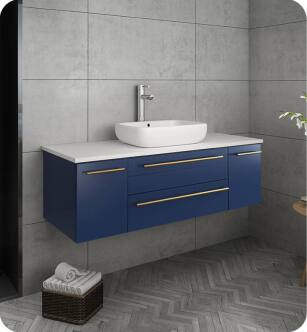 Fresca FCB6148RBL-VSL-CWH-V Lucera 48" Blue Wall Hung Modern Bathroom Cabinet with Top & Vessel Sink