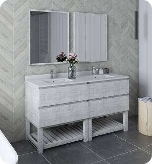 Fresca FVN31-3030RWH-FS Formosa 60" Floor Standing Double Sink Modern Bathroom Vanity with Open Bottom & Mirrors in Rustic White