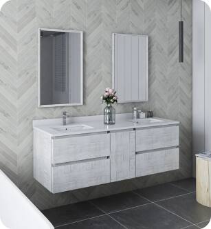 Fresca FVN31-241224RWH Formosa 60" Wall Hung Double Sink Modern Bathroom Vanity with Mirrors in Rustic White