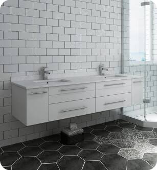 Fresca FCB6172WH-UNS-D-CWH-U Lucera 72" White Wall Hung Modern Bathroom Cabinet with Top & Double Undermount Sinks With Countertop: Fresca 73" Countertop with Undermount Double Sink - White Quartz | 1-Hole Faucet Drilling