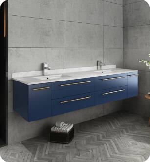 Fresca FCB6172RBL-UNS-D-CWH-U Lucera 72" Blue Wall Hung Modern Bathroom Cabinet with Top & Double Undermount Sinks With Countertop: Fresca 73" Countertop with Undermount Double Sink - White Quartz | 1-Hole Faucet Drilling