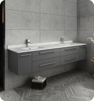 Fresca FCB6172GR-UNS-D-CWH-U Lucera 72" Gray Wall Hung Modern Bathroom Cabinet with Top & Double Undermount Sinks With Countertop: Fresca 73" Countertop with Undermount Double Sink - White Quartz | 1-Hole Faucet Drilling