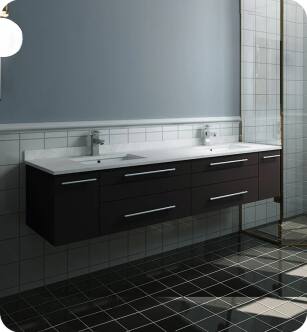 Fresca FCB6172ES-UNS-D-CWH-U Lucera 72" Espresso Wall Hung Modern Bathroom Cabinet with Top & Double Undermount Sinks With Countertop: Fresca 73" Countertop with Undermount Double Sink - White Quartz | 1-Hole Faucet Drilling
