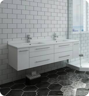 Fresca FCB6160WH-UNS-D-CWH-U Lucera 60" White Wall Hung Modern Bathroom Cabinet with Top & Double Undermount Sinks With Countertop: Fresca 61" Countertop with Undermount Double Sink - White Quartz | 1-Hole Faucet Drilling