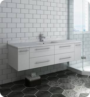Fresca FCB6160WH-UNS-CWH-U Lucera 60" White Wall Hung Modern Bathroom Cabinet with Top & Single Undermount Sink With Countertop: Fresca 60" Countertop with Undermount Sink - White Quartz | 1-Hole Faucet Drilling