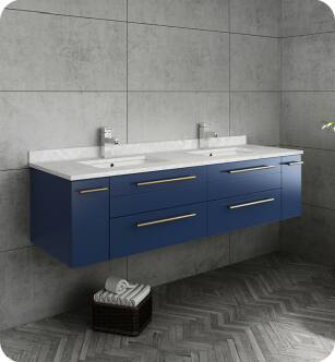 Fresca FCB6160RBL-UNS-D-CWH-U Lucera 60" Blue Wall Hung Modern Bathroom Cabinet with Top & Double Undermount Sinks With Countertop: Fresca 61" Countertop with Undermount Double Sink - White Quartz | 1-Hole Faucet Drilling