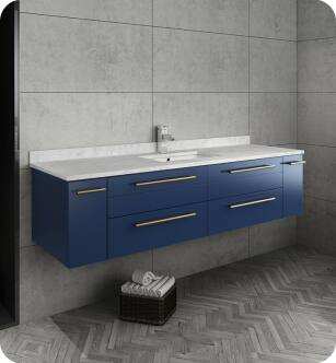 Fresca FCB6160RBL-UNS-CWH-U Lucera 60" Blue Wall Hung Modern Bathroom Cabinet with Top & Single Undermount Sink With Countertop: Fresca 60" Countertop with Undermount Sink - White Quartz | 1-Hole Faucet Drilling