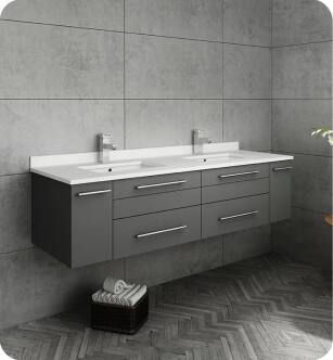 Fresca FCB6160GR-UNS-D-CWH-U Lucera 60" Gray Wall Hung Modern Bathroom Cabinet with Top & Double Undermount Sinks With Countertop: Fresca 61" Countertop with Undermount Double Sink - White Quartz | 1-Hole Faucet Drilling