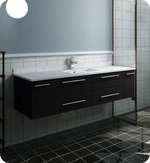 Fresca FCB6160ES-UNS-D-CWH-U Lucera 60" Espresso Wall Hung Modern Bathroom Cabinet with Top & Double Undermount Sinks With Countertop: Fresca 61" Countertop with Undermount Double Sink - White Quartz | 1-Hole Faucet Drilling