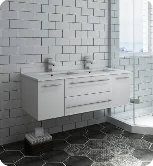 Fresca FCB6148WH-UNS-D-CWH-U Lucera 48" White Wall Hung Modern Bathroom Cabinet with Top & Double Undermount Sinks With Countertop: Fresca 48" Countertop with Undermount Double Sink - White Quartz | 1-Hole Faucet Drilling
