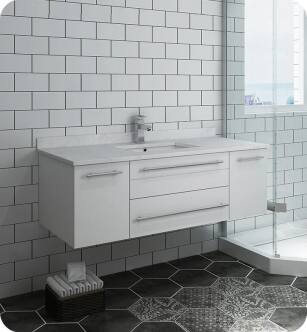 Fresca FCB6148WH-UNS-CWH-U Lucera 48" White Wall Hung Modern Bathroom Cabinet with Top & Undermount Sink With Countertop: Fresca 48" Countertop with Undermount Sink - White Quartz | 1-Hole Faucet Drilling