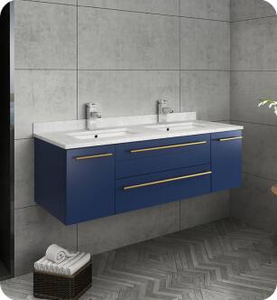 Fresca FCB6148RBL-UNS-D-CWH-U Lucera 48" Blue Wall Hung Modern Bathroom Cabinet with Top & Double Undermount Sinks With Countertop: Fresca 48" Countertop with Undermount Double Sink - White Quartz | 1-Hole Faucet Drilling