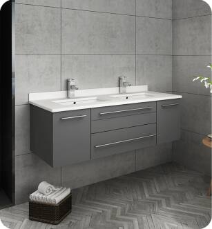 Fresca FCB6148GR-UNS-D-CWH-U Lucera 48" Gray Wall Hung Modern Bathroom Cabinet with Top & Double Undermount Sinks With Countertop: Fresca 48" Countertop with Undermount Double Sink - White Quartz | 1-Hole Faucet Drilling