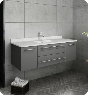 Fresca FCB6148GR-UNS-CWH-U Lucera 48" Gray Wall Hung Modern Bathroom Cabinet with Top & Undermount Sink With Countertop: Fresca 48" Countertop with Undermount Sink - White Quartz | 1-Hole Faucet Drilling