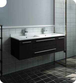 Fresca FCB6148ES-UNS-D-CWH-U Lucera 48" Espresso Wall Hung Modern Bathroom Cabinet with Top & Double Undermount Sinks With Countertop: Fresca 48" Countertop with Undermount Double Sink - White Quartz | 1-Hole Faucet Drilling