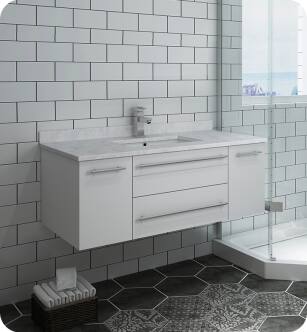 Fresca FCB6142WH-UNS-CWH-U Lucera 42" White Wall Hung Modern Bathroom Cabinet with Top & Undermount Sink With Countertop: Fresca 42" Countertop with Undermount Sink - White Quartz | 1-Hole Faucet Drilling