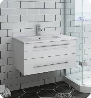 Fresca FCB6130WH-UNS-CWH-U Lucera 30" White Wall Hung Modern Bathroom Cabinet with Top & Undermount Sink With Countertop: Fresca 30" Countertop with Undermount Sink - White Quartz | 1-Hole Faucet Drilling