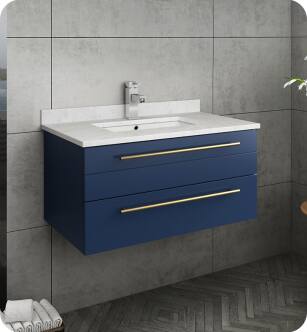 Fresca FCB6130RBL-UNS-CWH-U Lucera 30" Blue Wall Hung Modern Bathroom Cabinet with Top & Undermount Sink With Countertop: Fresca 30" Countertop with Undermount Sink - White Quartz | 1-Hole Faucet Drilling