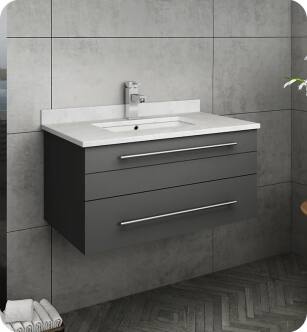 Fresca FCB6130GR-UNS-CWH-U Lucera 30" Gray Wall Hung Modern Bathroom Cabinet with Top & Undermount Sink With Countertop: Fresca 30" Countertop with Undermount Sink - White Quartz | 1-Hole Faucet Drilling