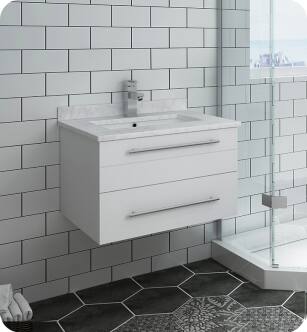 Fresca FCB6124WH-UNS-CWH-U Lucera 24" White Wall Hung Modern Bathroom Cabinet with Top & Undermount Sink With Countertop: Fresca 24" Countertop with Undermount Sink - White Quartz | 1-Hole Faucet Drilling