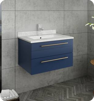 Fresca FCB6124RBL-UNS-CWH-U Lucera 24" Blue Wall Hung Modern Bathroom Cabinet with Top & Undermount Sink With Countertop: Fresca 24" Countertop with Undermount Sink - White Quartz | 1-Hole Faucet Drilling