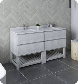 Fresca FCB31-3030RWH-FS-CWH-U Formosa 60" Floor Standing Open Bottom Double Sink Modern Bathroom Cabinet with Top & Sink in Rustic White With Countertop: Fresca 61" Countertop with Undermount Double Sink - White Quartz | 1-Hole Faucet Drilling