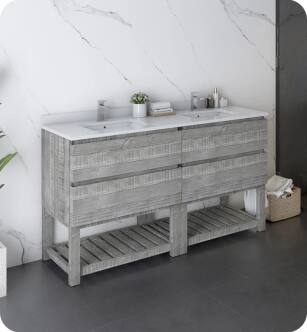 Fresca FCB31-3030ASH-FS-CWH-U Formosa 60" Floor Standing Open Bottom Double Sink Modern Bathroom Cabinet with Top & Sink in Ash With Countertop: Fresca 61" Countertop with Undermount Double Sink - White Quartz | 1-Hole Faucet Drilling
