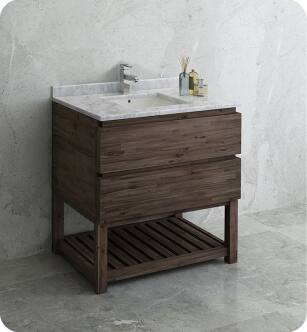 Fresca FCB3136ACA-FS-CWH-U Formosa 36" Floor Standing Open Bottom Modern Bathroom Cabinet with Top & Sink in Acacia With Countertop: Fresca 36" Countertop with Undermount Sink - White Quartz | 1-Hole Faucet Drilling
