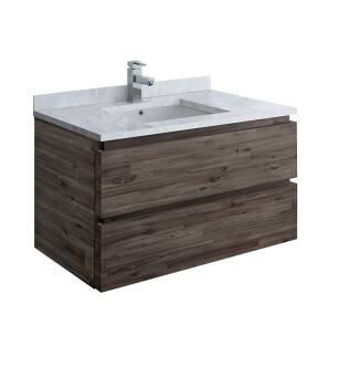 Fresca FCB3136ACA-CWH-U Formosa 36" Wall Hung Modern Bathroom Cabinet with Top & Sink in Acacia With Countertop: Fresca 36" Countertop with Undermount Sink - White Quartz | 1-Hole Faucet Drilling