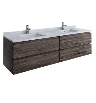 Fresca FCB31-3636ACA-CWH-U Formosa 72" Wall Hung Double Sink Modern Bathroom Cabinet with Top & Sink in Acacia With Countertop: Fresca 73" Countertop with Undermount Double Sink - White Quartz | 1-Hole Faucet Drilling