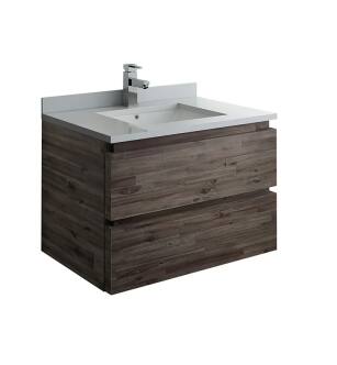 Fresca FCB3130ACA-CWH-U Formosa 30" Wall Hung Modern Bathroom Cabinet with Top & Sink in Acacia With Countertop: Fresca 30" Countertop with Undermount Sink - White Quartz | 1-Hole Faucet Drilling