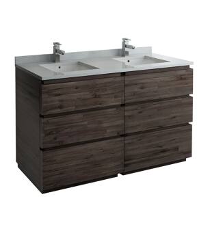 Fresca FCB31-3030ACA-FC-CWH-U Formosa 60" Floor Standing Double Sink Modern Bathroom Cabinet with Top & Sink in Acacia With Countertop: Fresca 61" Countertop with Undermount Double Sink - White Quartz | 1-Hole Faucet Drilling