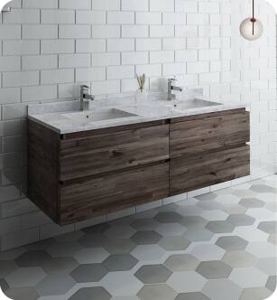 Fresca FCB31-3030ACA-CWH-U Formosa 60" Wall Hung Double Sink Modern Bathroom Cabinet with Top & Sink in Acacia With Countertop: Fresca 61" Countertop with Undermount Double Sink - White Quartz | 1-Hole Faucet Drilling