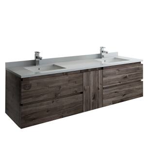 Fresca FCB31-301230ACA-CWH-U Formosa 72" Wall Hung Double Sink Modern Bathroom Cabinet with Top & Sink in Acacia With Countertop: Fresca 72" Countertop with Undermount Sink - White Quartz | 1-Hole Faucet Drilling