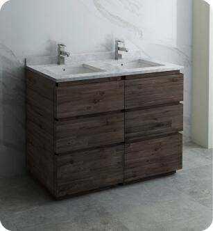 Fresca FCB31-2424ACA-FC-CWH-U Formosa 48" Floor Standing Double Sink Modern Bathroom Cabinet with Top & Sink in Acacia With Countertop: Fresca 48" Countertop with Undermount Double Sink - White Quartz | 1-Hole Faucet Drilling