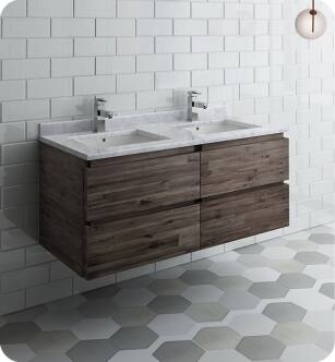 Fresca FCB31-2424ACA-CWH-U Formosa 48" Wall Hung Double Sink Modern Bathroom Cabinet with Top & Sink in Acacia With Countertop: Fresca 48" Countertop with Undermount Double Sink - White Quartz | 1-Hole Faucet Drilling