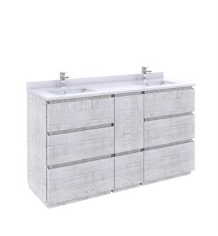 Fresca FCB31-241224RWH-FC-CWH-U Formosa 60" Floor Standing Double Sink Modern Bathroom Cabinet with Top & Sink in Rustic White With Countertop: Fresca 60" Countertop with Undermount Double Sink - White Quartz | 1-Hole Faucet Drilling