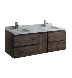 Fresca FCB31-241224ACA-CWH-U Formosa 60" Wall Hung Double Sink Modern Bathroom Cabinet with Top & Sink in Acacia With Countertop: Fresca 60" Countertop with Undermount Double Sink - White Quartz | 1-Hole Faucet Drilling