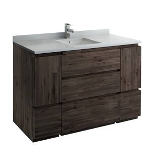 Fresca FCB31-123012ACA-FC-CWH-U Formosa 54" Floor Standing Modern Bathroom Cabinet with Top & Sink in Acacia With Countertop: Fresca 54" Countertop with Undermount Sink - White Quartz | 1-Hole Faucet Drilling