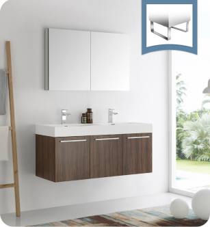 Fresca FVN8092GW-D Vista 48" Walnut Wall Hung Double Sink Modern Bathroom Vanity with Medicine Cabinet