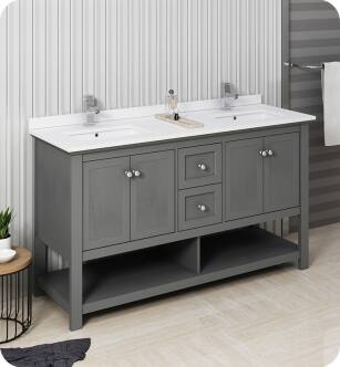 Fresca Manchester Regal 60" Gray Wood Veneer Traditional Double Sink Bathroom Cabinet with Top & Sinks