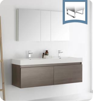 Fresca FVN8042GO Mezzo 59" Gray Oak Wall Hung Double Sink Modern Bathroom Vanity with Medicine Cabinet