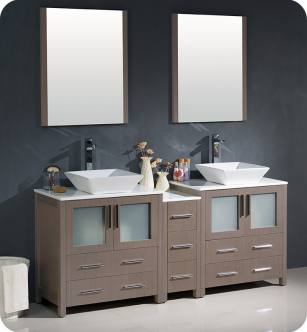 Fresca FVN62-301230GO-VSL Torino 72" Double Sink Modern Bathroom Vanity with Side Cabinet and Vessel Sinks in Gray Oak