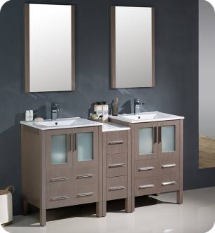 Fresca FVN62-241224GO-UNS Torino 60" Double Sink Modern Bathroom Vanity with Side Cabinet and Integrated Sinks in Gray Oak