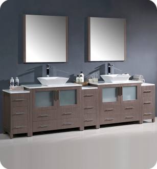 Fresca FVN62-108GO-VSL Torino 108" Double Sink Modern Bathroom Vanity with 3 Side Cabinets and Vessel Sinks in Gray Oak