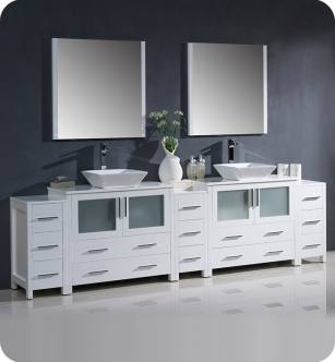 Fresca FVN62-108WH-VSL Torino 108" Double Sink Modern Bathroom Vanity with 3 Side Cabinets and Vessel Sinks in White