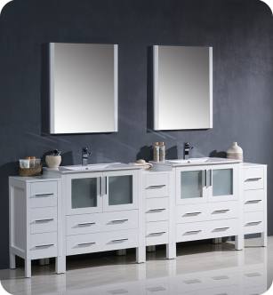 Fresca FVN62-96WH-UNS Torino 96" Double Sink Modern Bathroom Vanity with 3 Side Cabinets and Integrated Sinks in White